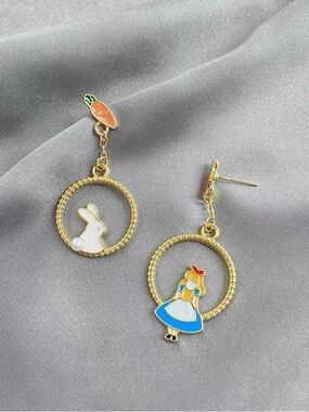 Gold Tone Alice & Bunny Drop Earrings - Blue, White, Orange Accents